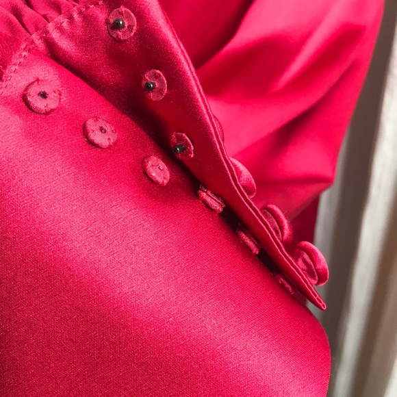 VTG Red Silk Satin Balloon Button Sleeve Blouse L - Picture 8 of 16
